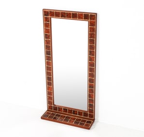 DANISH TEAK & CERAMIC TILE WALL MIRROR SHELF