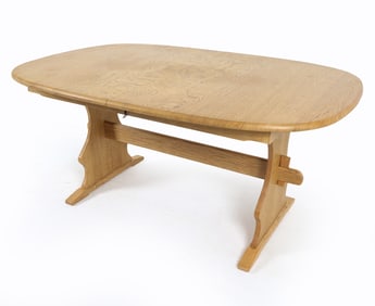 KJAERNULF STYLE DANISH OAK TRESTLE TABLE C. 1970S