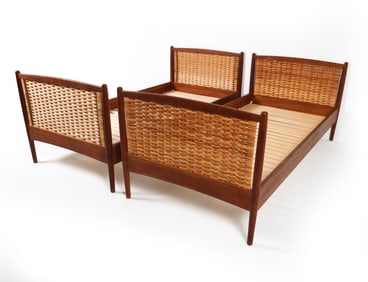 PAIR HANS WEGNER TEAK & RATTAN TWIN BEDS C. 1960S