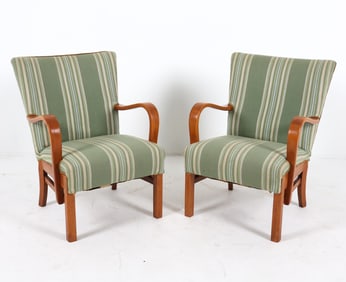 PAIR OF DANISH ART DECO BEECH & WOOL LOUNGE CHAIRS