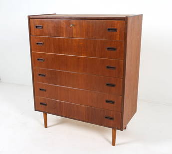 DANISH TEAK CHEST OF DRAWERS C. 1960S: Key included. Dimensions: H 45" x W 37" x D 17.5". Condition: Few minor scuffs to sides and edges. Wear consistent with age and use. GCE 161