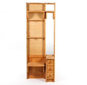 SWEDISH PINE & RATTAN COAT RACK HALL TREE C. 1960S