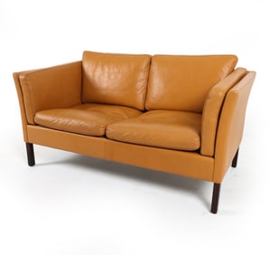 BORGE MOGENSEN STYLE DANISH LEATHER LOVESEAT SOFA