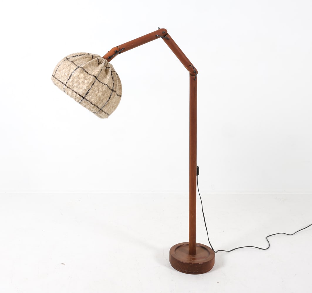 DANISH ARTICULATING TEAK FLOOR LAMP C. 1960S: Dimensions: H 59" x W 28" x D 10". Condition: Wiring untested, cord cut. Wear consistent with age and use.