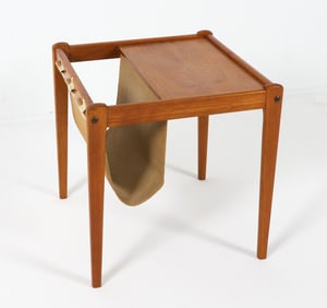 MID-CENTURY TEAK & CANVAS MAGAZINE RACK C. 1970S