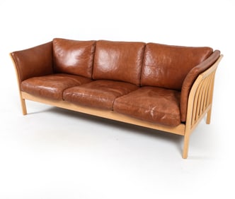MID-CENTURY DANISH BEECH & LEATHER SOFA C.1970S