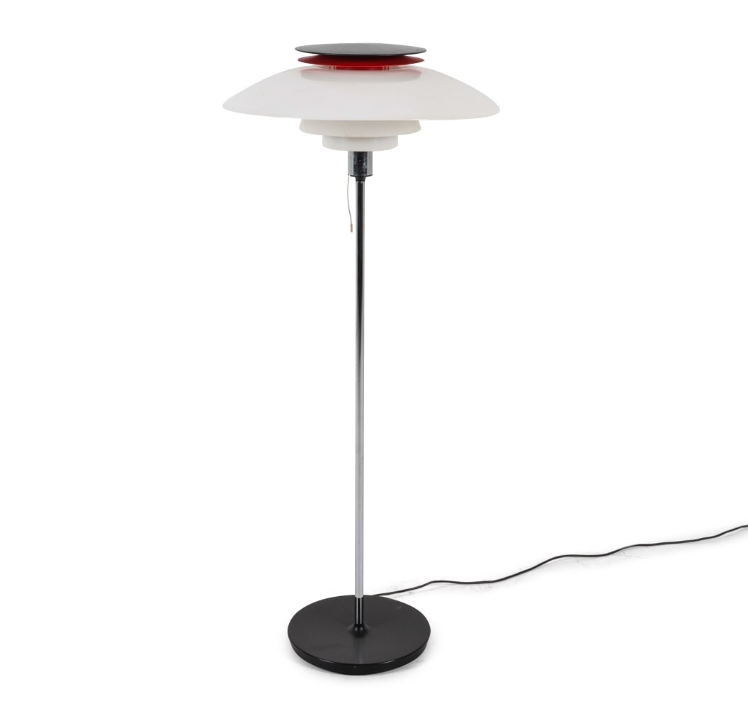 POUL HENNINGSEN FLOOR LAMP C. 1970S: For Louis Poulsen. Tag inside top shade. Chrome steel stand. Denmark, circa 1970s. Dimensions: H 52.25" x Dia. 21.25". Condition: Wiring untested, cord cut. Missing some pieces to top shade parts. Wea