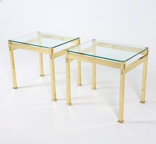 PAIR OF BRASS & GLASS SIDE TABLES C. 1970S