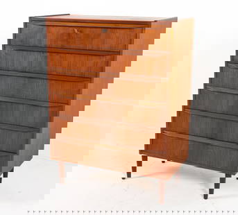 DANISH TEAK CHEST OF DRAWERS C. 1960S: Key included. Dimensions: H 43" x W 31" x D 16". Condition: Few scuffs and dings, slight fading to top. Wear consistent with age and use. GCE090