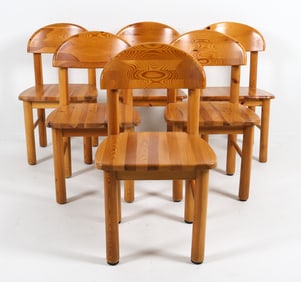 (6) DAUMILLER STYLE PINE DINING CHAIRS C. 1970S