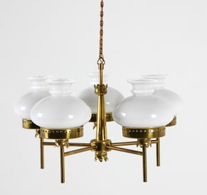 DANISH BRASS & GLASS CHANDELIER C. 1960S