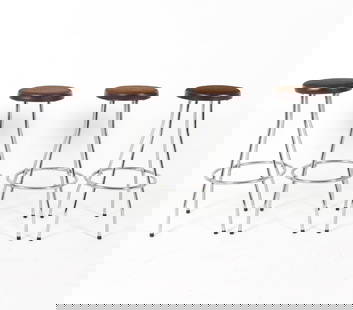 (4) DANISH CHROME & WOOL BAR STOOLS C. 1960S: Steel frame stool with wool & leather upholstery. Dimensions: H 32" x Dia. 16". Dia. Seat 12.25". Condition: Minor scuffs to steel. Wear consistent with age and use. GCE 201