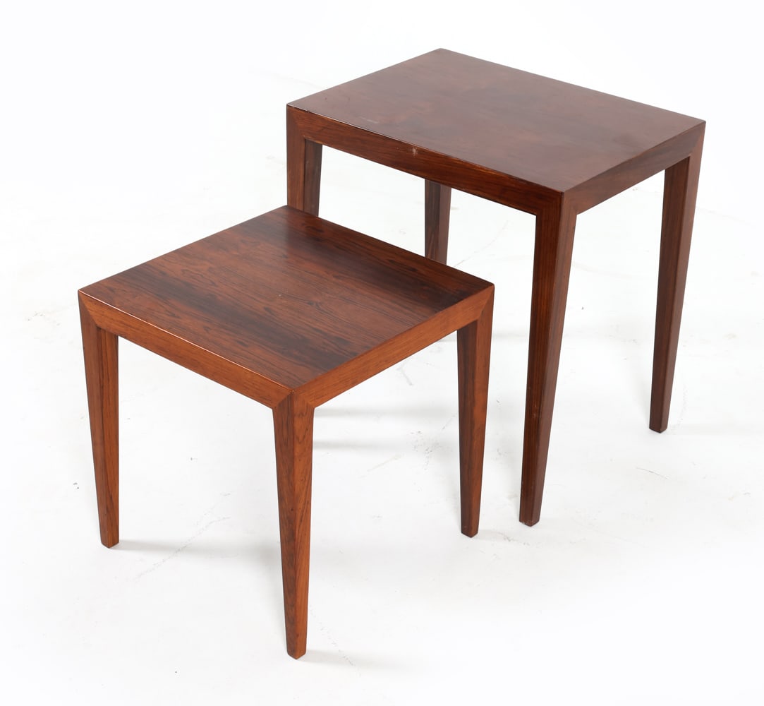 HASLEV ROSEWOOD SIDE TABLE GROUPING C. 1970S: Tagged underneath top. Dimensions: Larger H 20" x W 22.5" x D 15". Condition: Few scuffs and thin surface scratches. Wear consistent with age and use. GCE 202