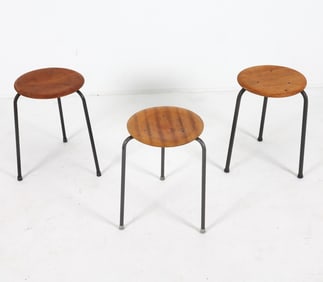(3) ARNE JACOBSEN STYLE TEAK & METAL STOOLS