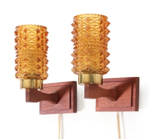 PAIR OF DANISH GLASS & TEAK WALL SCONCES C. 1960S