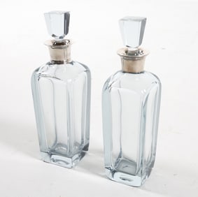 PAIR SWEDISH CRYSTAL & STERLING DECANTERS 1950S