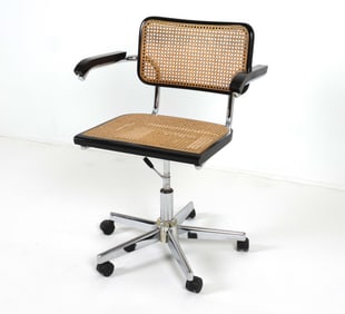 MARCEL BREUER STYLE CANE & BEECH SWIVEL CHAIR