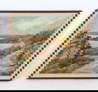 DANISH LANDSCAPE PAINTING O/C 20TH C.: Signed by artist in lower right corner. Location name on back. Dimensions: Frame H 22.5" x W 26". Canvas H 19" x W 23". Condition: Minor scuffs and dings to frame. Wear consistent with age and use.