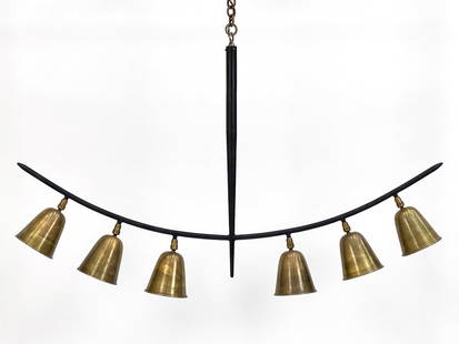 DOWNTOWN ARCO BRASS SHADE CHANDELIER: Black metal frame, six brass articulating cones. Apparently unmarked. Dimensions: (Fixture) H 28" x W 48" x D 50" Condition: Patina to brass. Untested. Light surface wear consistent with age and use.