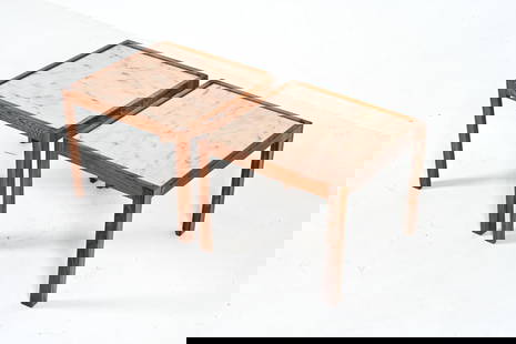 PAIR ATTR. SVEND LANGKILDE ROSEWOOD END TABLES: Solid rosewood and pink marble.Attributed to the Danish designer Svend Langkilde, the Minimalist design provides the perfect canvas for a dramatic display of visual textures, brought on by the juxtapo
