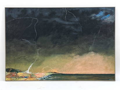 JD GREENE ABSTRACT OIL ON BOARD: Large abstract with dark colors, possibly depicting a cloudy sky with lightning above a beach with water. Signed lower right. Dimensions: (Frame) H 48.75" x W 72.75" (Sight) H 48" x W 72" Condition: L