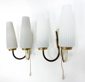PAIR OF DUTCH GLASS & BRASS WALL SCONCES, C. 1950S