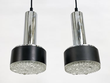 PAIR OF GERMAN CHROME & GLASS PENDANT LIGHTS