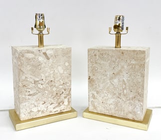 PAIR OF TRAVERTINE & BRASS TABLE LAMPS