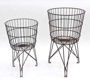 PAIR OF VINTAGE METAL WIRE PLANT STAND BASKETS