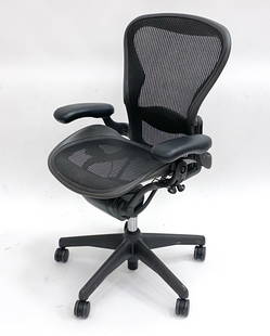 HERMAN MILLER "AERON" OFFICE CHAIR: Herman Miller model Aeron swivel office chair. Adjustable seating and lumbar support. Apparently unmarked. Dimensions: H 41" x W 28" x D 30" x SH 22" Condition: Normal signs of wear and light scratche
