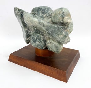 ABSTRACT STONE BIRD SCULPTURE WITH WALNUT BASE