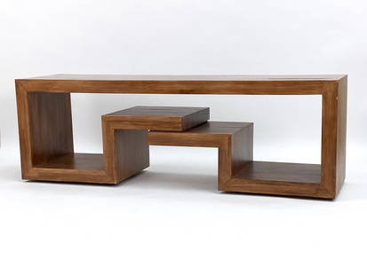MINIMALIST CONSOLE TABLE: Walnut veneer with linear-form shelves and rectangular shape. Apparently unmarked. Dimensions: H 23.75" x W 71" x D 19.75" Condition: Damage to top, shown in photo. Naturally forming split to top. Lig