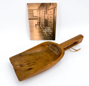 ANTIQUE SHAKER WOODEN SCOOP WITH BOOK