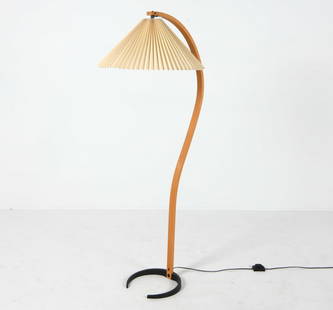 CAPRANI TIMBERLINE DANISH BEECH FLOOR LAMP C. 1970: Designed by Mads Caprani. Marked to base. Beech stand with iron base. Denmark, circa 1970s. Dimensions: H 58" x W 26.5" x D 12.25". Condition: Wiring untested, European plug. Minor scuffs to wood. Wea
