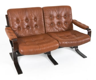 SCANDINAVIAN BEECH & LEATHER LOVESEAT SOFA C 1960S