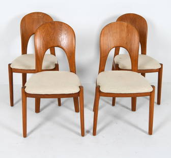 NIELS KOEFOED 'MORTEN' DANISH TEAK DINING CHAIRS: For Koefoed Hornslet. White wool upholstered seats. Denmark circa 1960s. Dimensions: H 35.5" x W 19.5" x D 18" x SH 18.5". Condition: Some discolored spots to wool. Faded spot to back of one. Few scuf