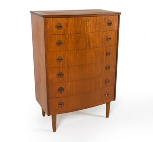 DANISH BOW-FRONT TEAK CHEST OF DRAWERS C. 1960S