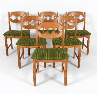 (6) HENNING KJAERNULF OAK RAZORBLADE DINING CHAIRS: Oak frames with wool upholstered seats. Denmark, circa 1970s. Dimensions: H 32.5" x W 18.5" x D 16.5". Condition: Minor scuffs and scratches to wood. Wear consistent with age and use. PER E011