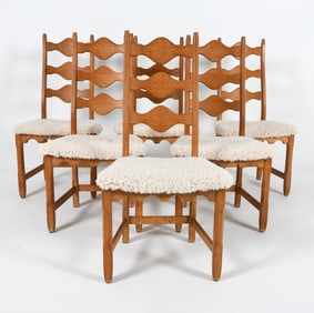 (6) HENNING KJAERNULF OAK & WOOL DINING CHAIRS