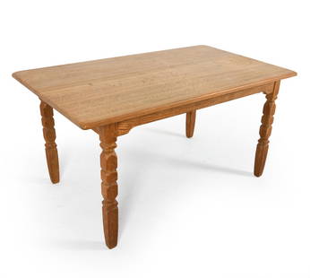 DANISH OAK EXTENDING DINING TABLE C. 1970S: (2) Leaves included. Dimensions: H 29" x W 57.25" x D 33.75". Leaves W 19.75". Condition: Few water rings to top, some sun fading. Wear consistent with age and use. PER E012