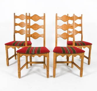(4) HENNING KJAERNULF STYLE DANISH DINING CHAIRS: Oak frames with wool upholstered seats. Denmark, circa 1970s. Dimensions: H 40.25" x W 20" x D 16.25" x SH 17". Condition: Minor scuffs and dings to wood. Wear consistent with age and use. PER E097