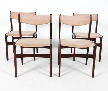 (4) ERIK BUCH STYLE DANISH BEECH DINING CHAIRS: Beech wood frames in dark tone with white wool upholstery. Denmark, circa 1960s. Dimensions: H 31.5" x W 19.25" x D 16.25" x SH 18". Condition: Some discoloration and slight tobacco odor to wool. Mino