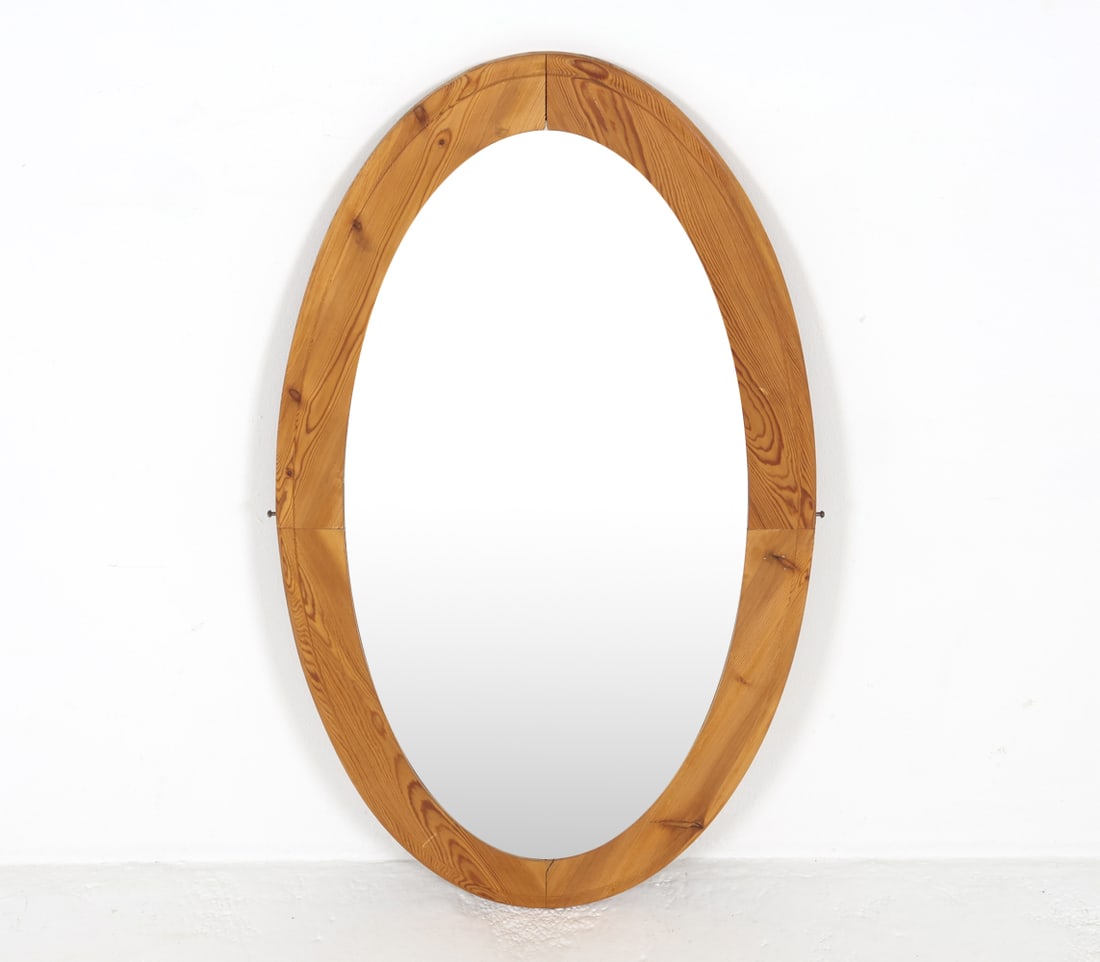 SWEDISH PINE WALL MIRROR C. 1970S: Dimensions: H 42" x W 24" Condition: Moderate dings and scuffs with surface soiling to edges. Wear consistent with age and use. PER F118