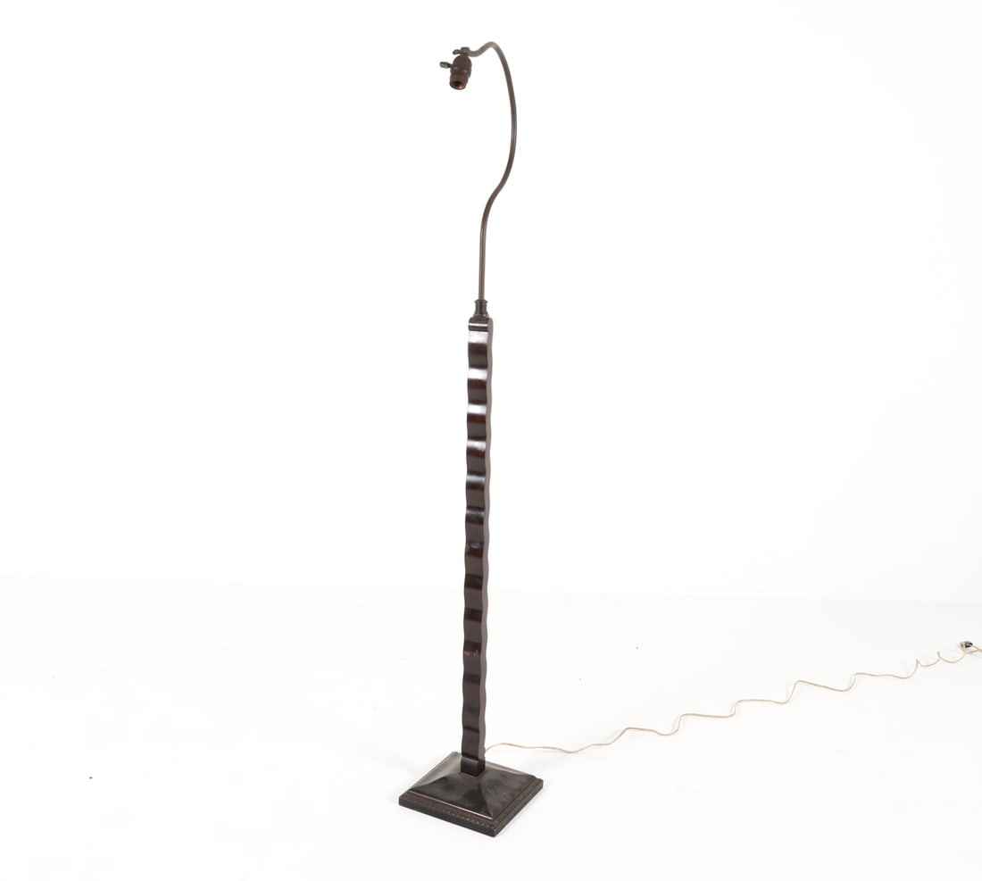 DANISH BEECH & METAL FLOOR LAMP: Carved beech body with metal gooseneck. Silk shade with fringe. Dimensions: H 70" x W 26" x D 9.5". Condition: Wiring untested, European plug. Scuffs and scratches to base. Tear to shade. Wear consist
