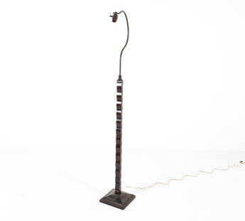 DANISH BEECH & METAL FLOOR LAMP: Carved beech body with metal gooseneck. Silk shade with fringe. Dimensions: H 70" x W 26" x D 9.5". Condition: Wiring untested, European plug. Scuffs and scratches to base. Tear to shade. Wear consist