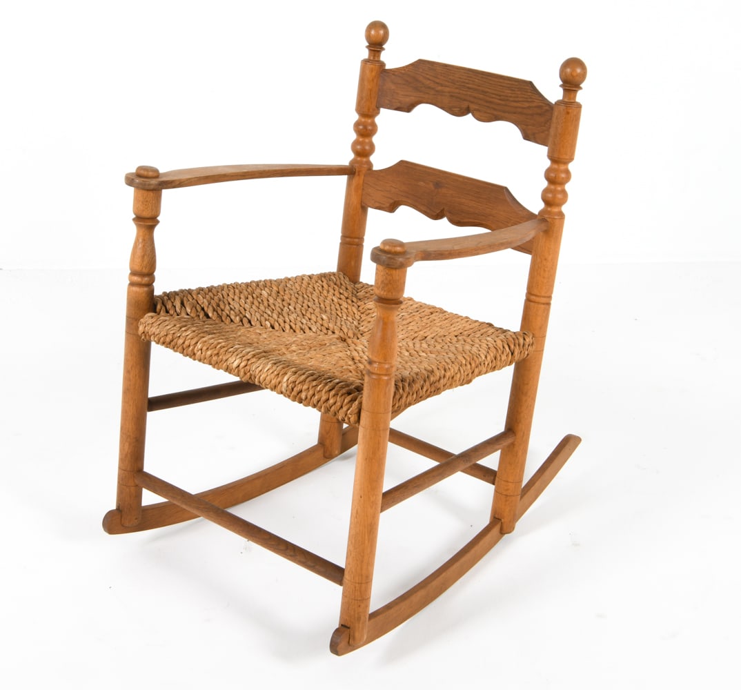 CHARLES DUDOUYT OAK & CORD ROCKING CHAIR C. 1970S (1 of 12)