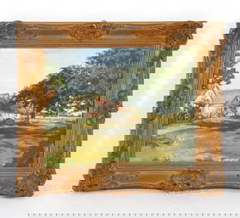 DANISH LANDSCAPE O/C PAINTING 20TH C.: Signed to verso. Frame: H 22" x W 26" Canvas: H 16" x W 20" Condition: Minor rubbing and losses to gilt frame. Light speckles of soiling to painting. Presents well overall. PER F120