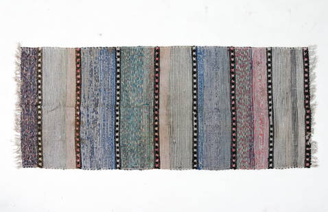 VINTAGE SCANDINAVIAN WOOL ACCENT RUG: Dimensions: L 68" x W 27". Condition: Slight sun fading, some fraying to fringe. Wear consisten with age and use. PER E048