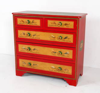 PAINTED FLY FISHING CHEST OF DRAWERS: 20th c. custom painted chest. Dimensions: H 39.25" x W 40.5" x D 17.5" Condition: Moderate rubbing to painted edges. Wear consistent with age and use.