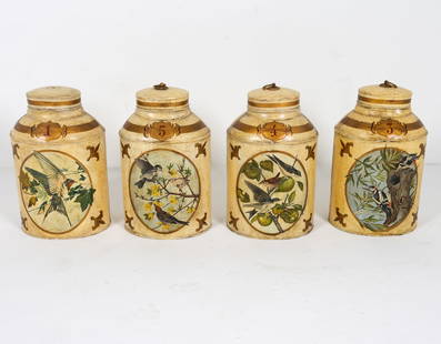 TOLEWARE PAINTED TEA TIN CANISTERS WITH BIRDS: (4) in total. With painted birds to sides. Dimensions: H 18" x W 10.5" x D 8" Condition: Scattered rubbing and losses to paint. Wear consistent with age and use.